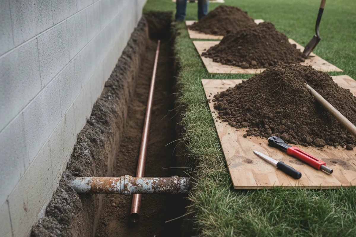Excavated water line trench during Sewer Line Repair in Ragland
